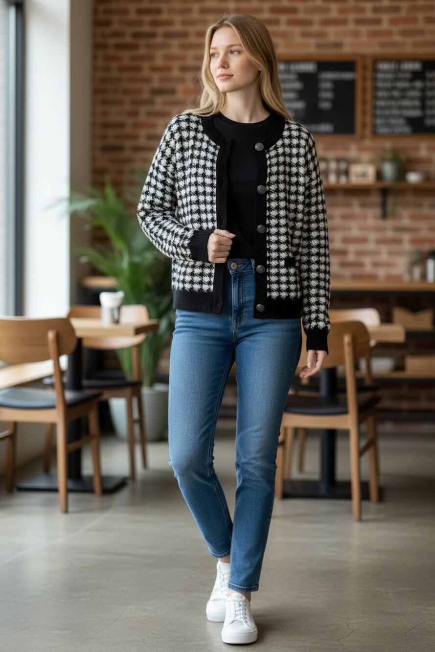 LOFT Shimmer Houndstooth Sweater Jacket Cardigan Black White Large